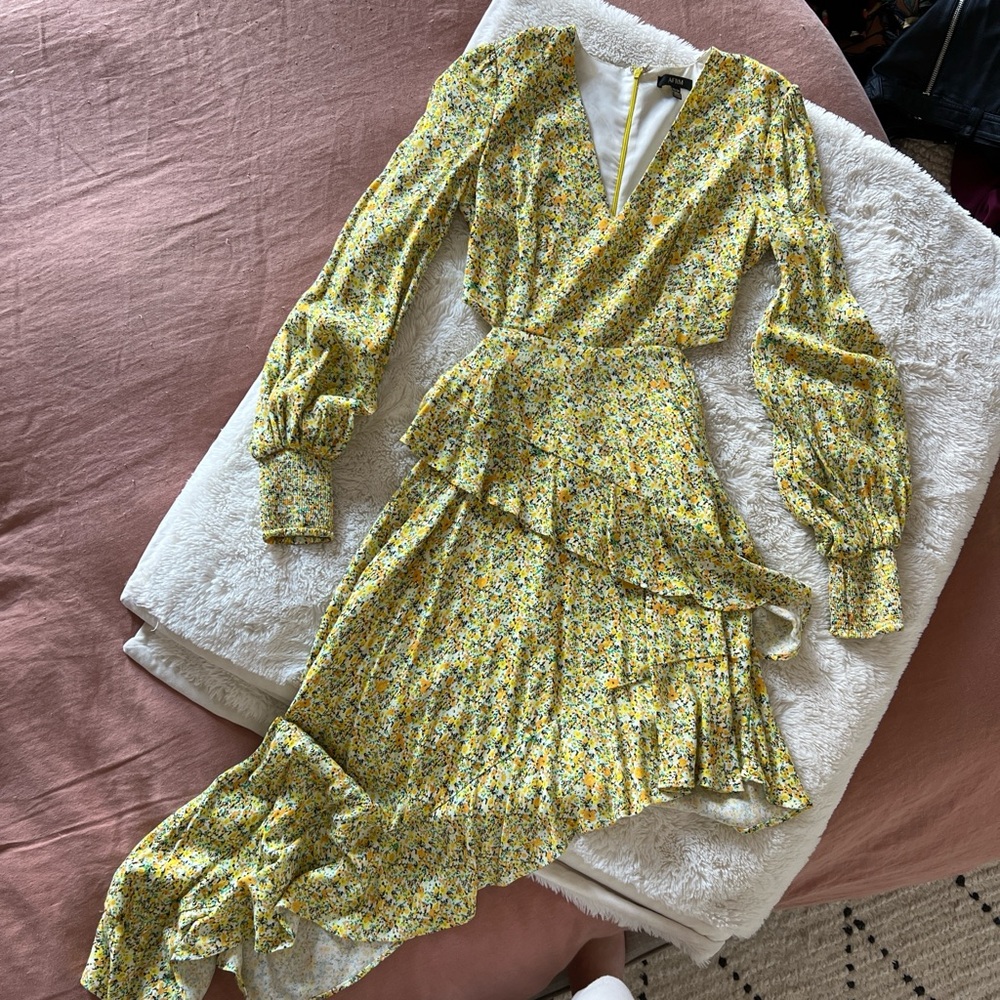 AFRM Yellow Green Ruffled Tiered Gown with Bishop Sleeves